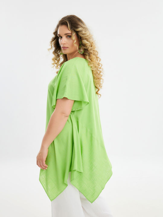 Mat Fashion Bluza de Damă de Vară din In Mâneci scurte Verde