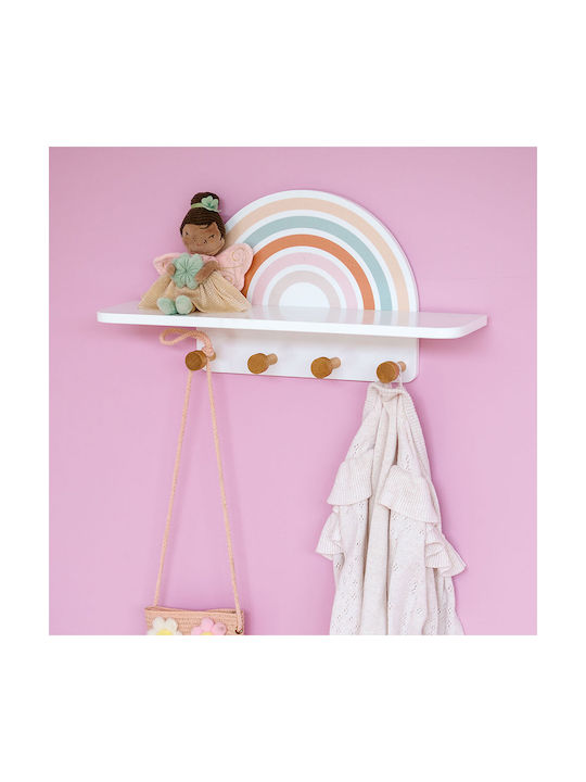 Kids Multi Hook Wooden White Wall Hanger with Shelf 13x48x24cm