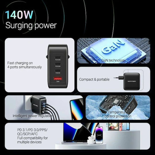 Vention Mobile Phone Charger with USB-A Port and 3 USB-C Output Ports and USB-C - USB-C Cable 140W Power Delivery / Quick Charge 3.0 Black