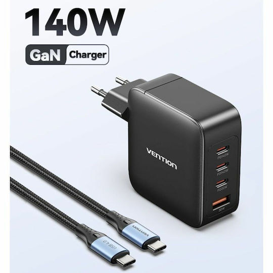 Vention Mobile Phone Charger with USB-A Port and 3 USB-C Output Ports and USB-C - USB-C Cable 140W Power Delivery / Quick Charge 3.0 Black