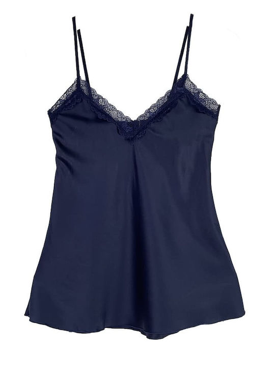 Women's Satin Babydoll Top and Shorts Set with Lace Slim Fit Dark Blue