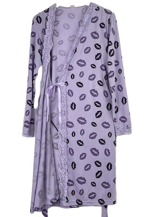 Women's Set Nightgown Robe Design Lips Slim Fit Purple
