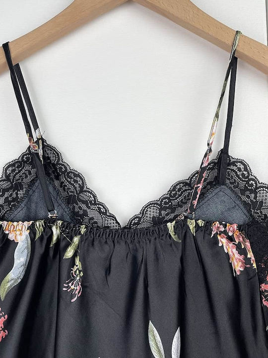 Women's Satin Nightgown Floral Short Lace Slim Fit Black