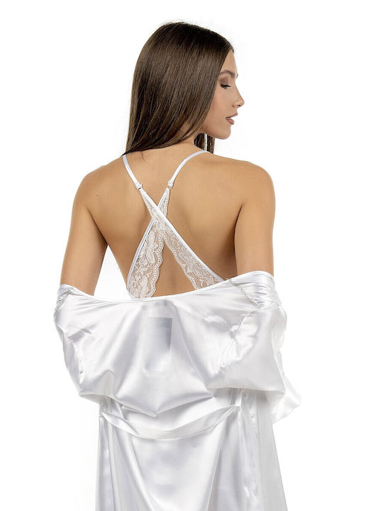 Secret Point Summer Bridal Women's Satin Robe with Nightdress White
