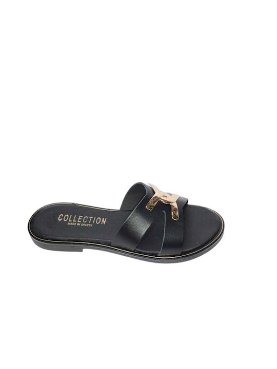 Gk Shoes Leather Women's Flat Sandals in Black Color