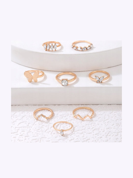 Golden Set Retro Punk Vintage Rings 8 Pieces Classic Crystals