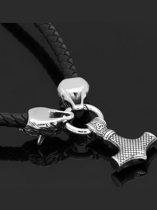 Necklace Silver Men's Thor's Hammer Wolves Thick 356