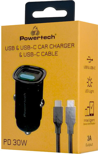 Powertech Car Charger Black Total Intensity 3A Fast Charging with Ports: 1xUSB 1xType-C