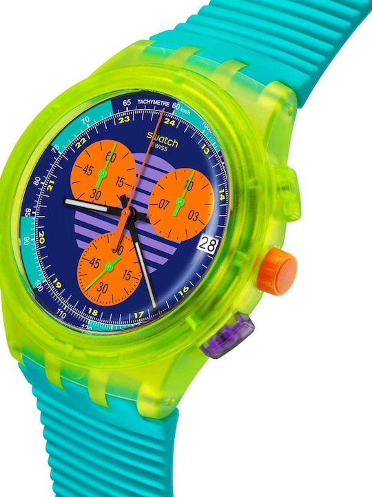 Swatch Neon Wave Ceas Bărbătesc 42 mm Cronograf cu Baterie și Curea din Silicon Turcoaz