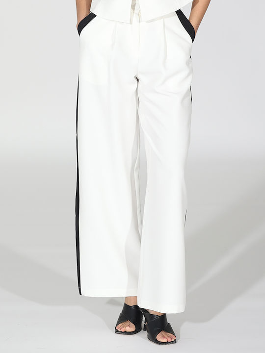 R.R. Women's Fabric Trousers in Straight Line Striped White