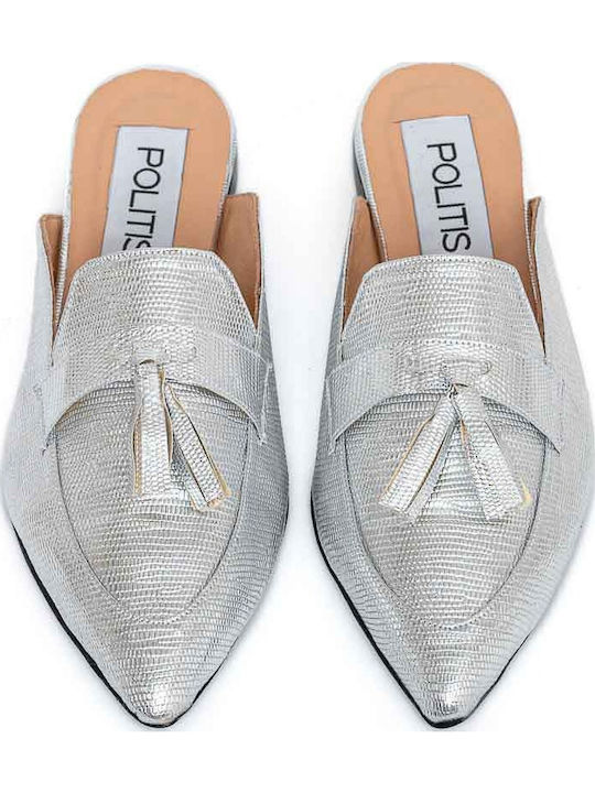 Flach Leder Mules in Silber Farbe