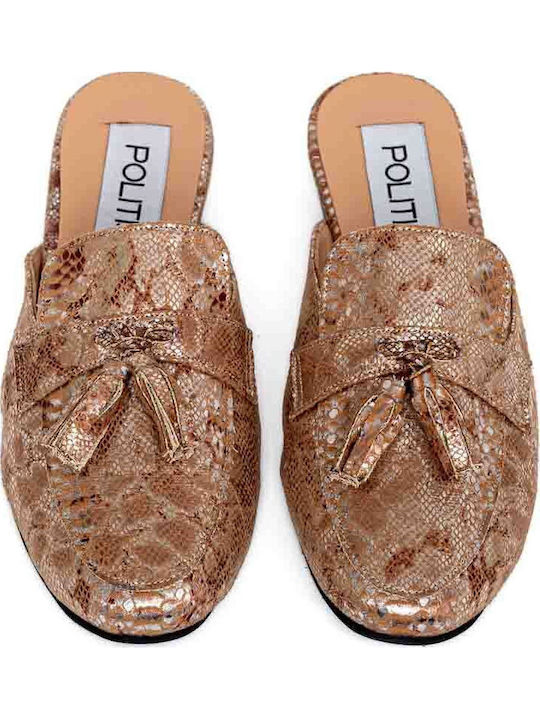 Flach Leder Mules in Beige Farbe