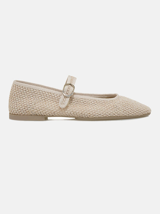 Corina Fabric Pointy Ballerinas with Strap Beige