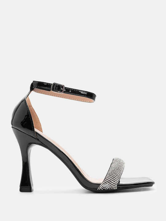 Luigi Synthetic Leather Women's Sandals with Strass & Ankle Strap Black with High Heel