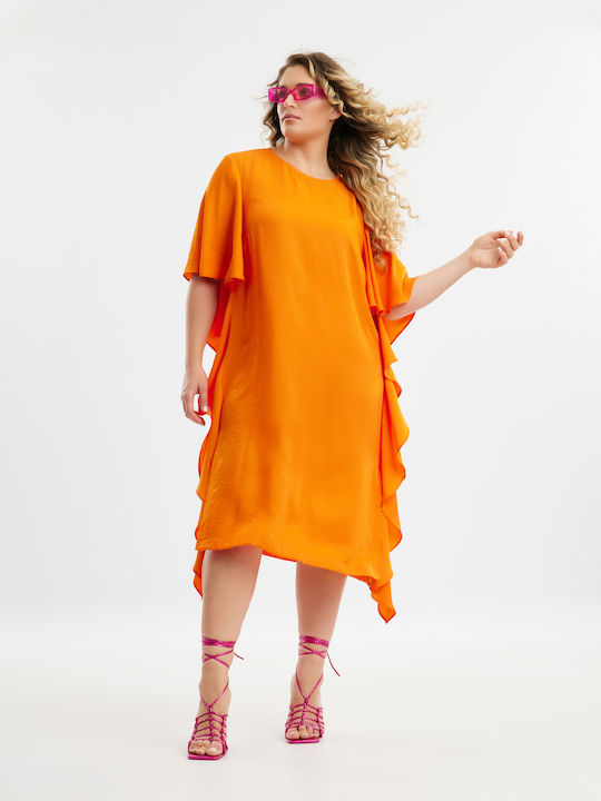 Mat Fashion Midi Φόρεμα με Βολάν Πορτοκαλί