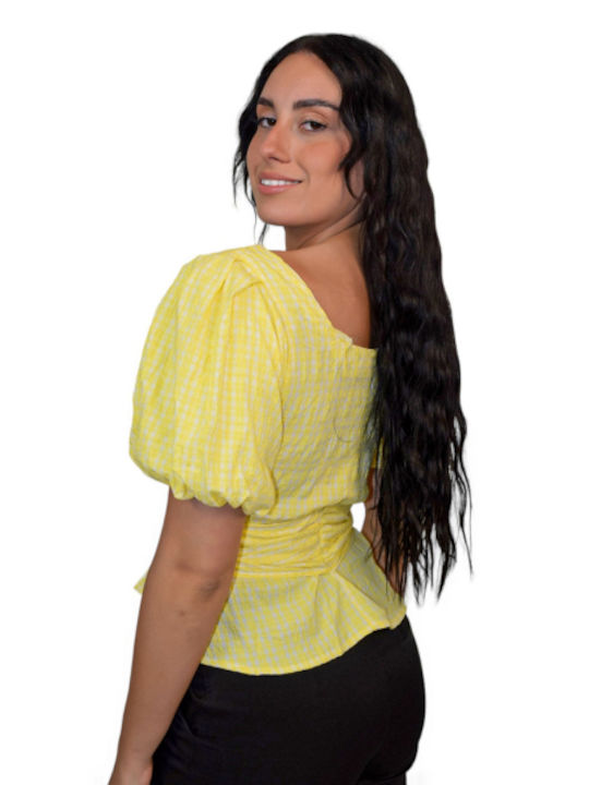 Morena Spain Women's Blouse Cotton Short Sleeve Checked Yellow