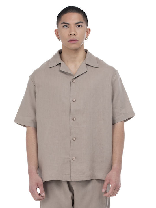 Ne En Aout Men's Shirt Short Sleeve Linen Brown