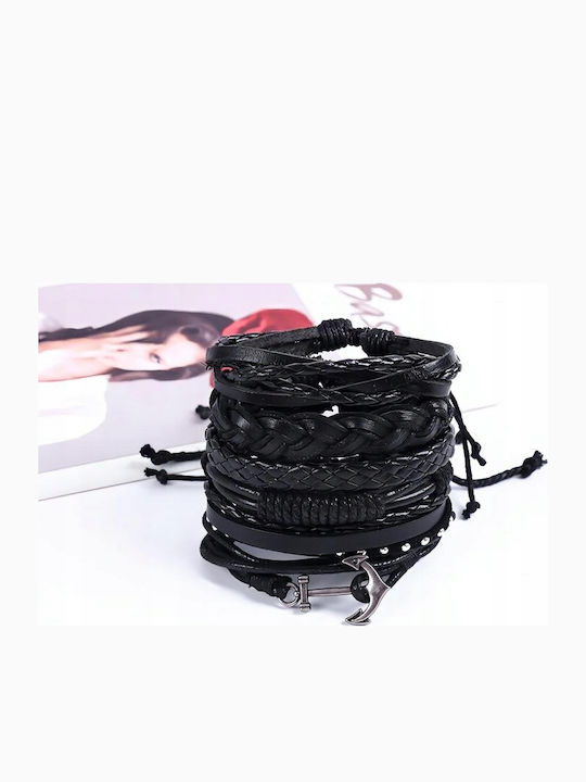 Men's Bracelet Set with Anchor Design Made of Leather 21cm