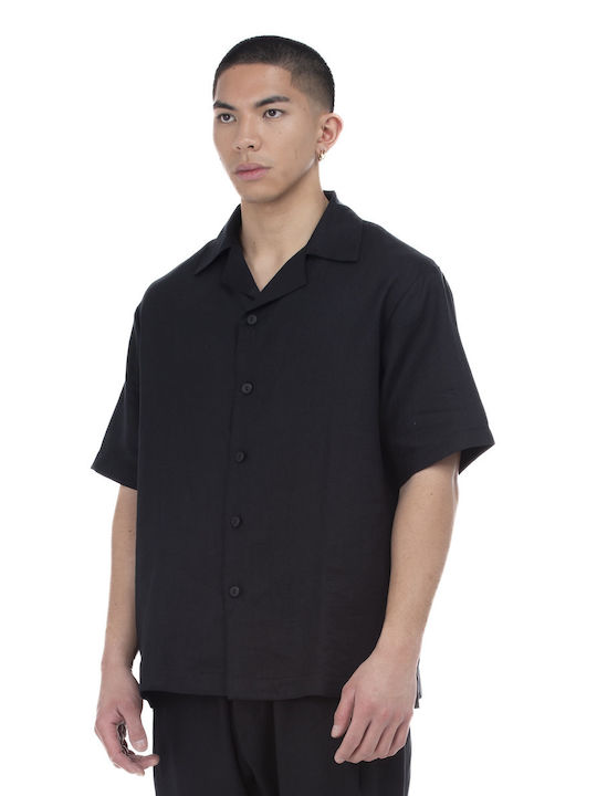 Ne En Aout Men's Shirt Short Sleeve Linen Black