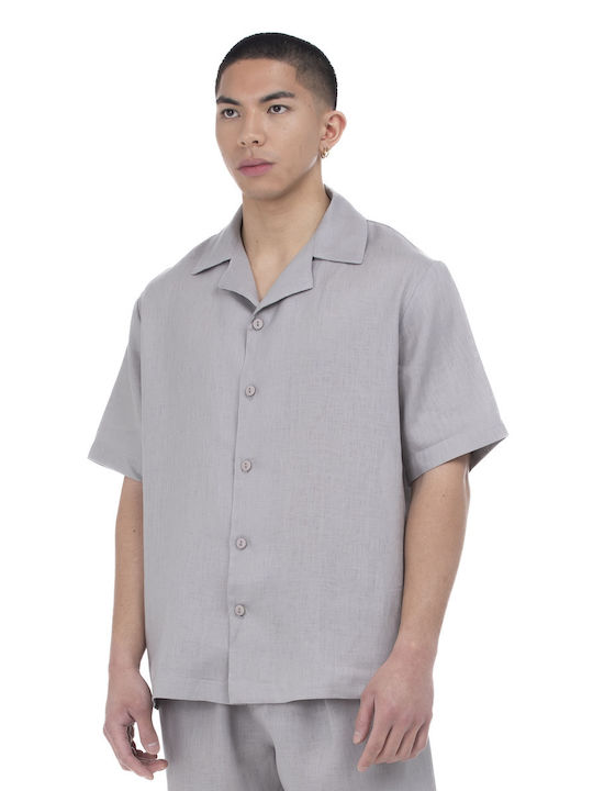 Ne En Aout Men's Shirt Short Sleeve Linen Light Grey