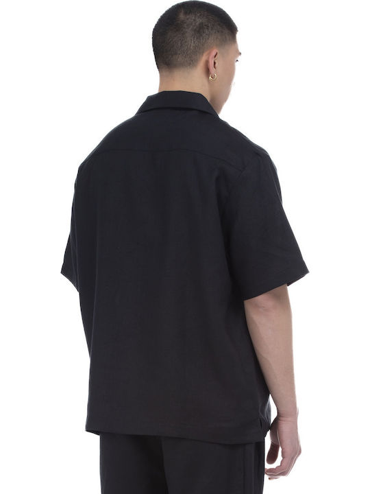 Short-sleeved Linen Shirt in Wide Line Black