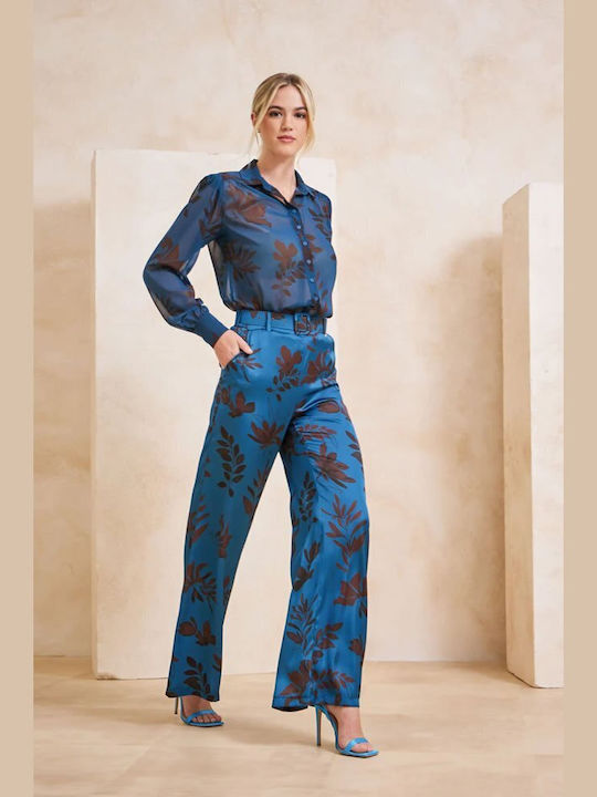 Women's High-waisted Satin Trousers in Straight Line Petrol