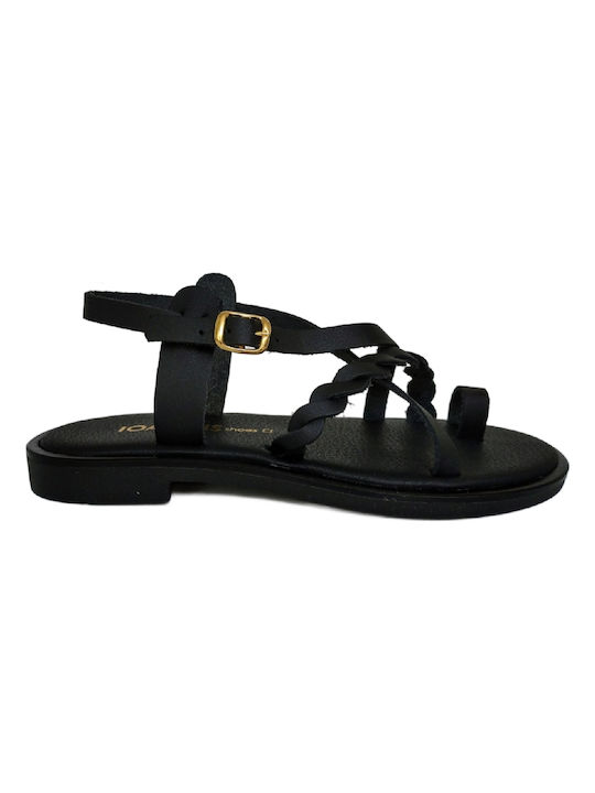 Ioannis Leather Women's Flat Sandals in Black Color