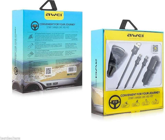 Car Charger Fast Charging with 2xUSB-A Ports and Micro-USB / Lightning Cable Black Color
