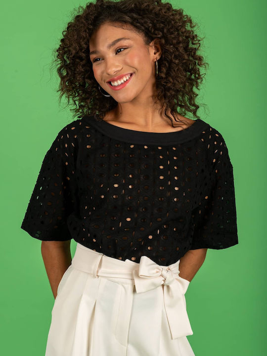Damen Bluse Baumwolle Kurzärmelig Black