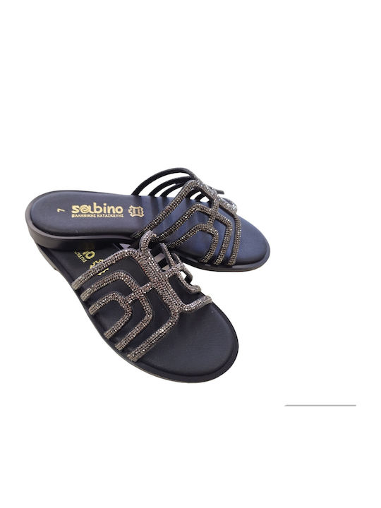 Leather Women's Flat Sandals in Black Color