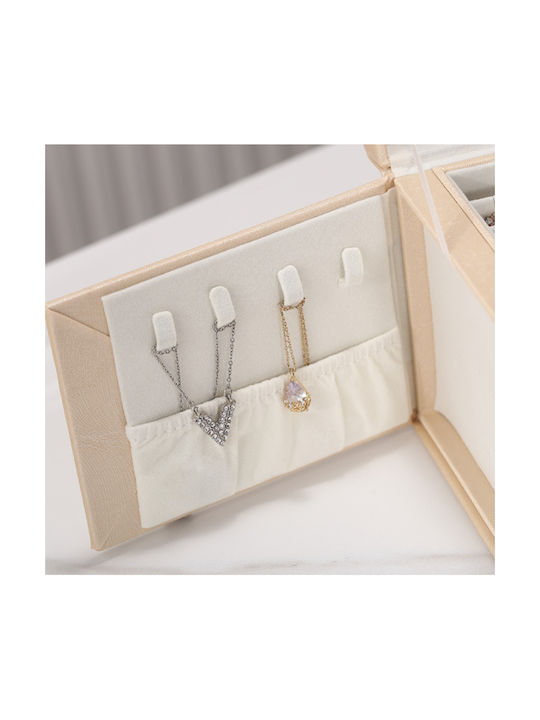Fabric Jewellery Box with Drawer & Gold Mirror 17.5x13.5x12cm