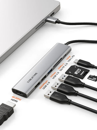 Cabletime USB-C Stație de andocare cu HDMI 4K PD Gri (CT-HBP2-AG7)