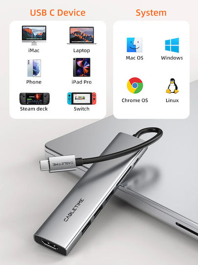 Cabletime USB-C Stație de andocare cu HDMI 4K PD Gri (CT-HBP2-AG7)