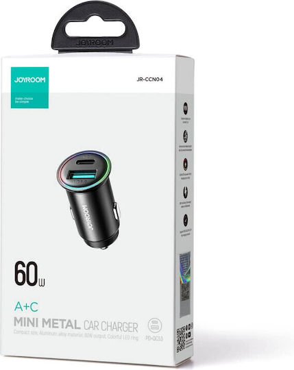Joyroom JR-CCN04 Φορτιστής Αυτοκινήτου 60W 2.4A Γρήγορης Φόρτισης με Θύρες: 1xUSB 1xType-C Μαύρο Χρώμα