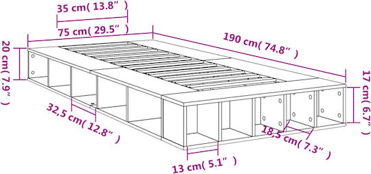 Single Bed Frame Wooden Grey Sonoma with Slats for Mattress 75x190cm