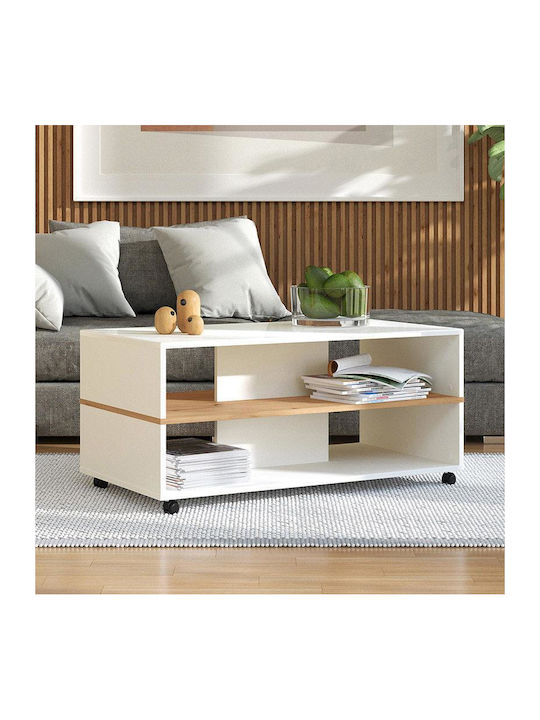 Rectangular Coffee Table Savio Wooden with Wheels White L101xW55xH48cm.