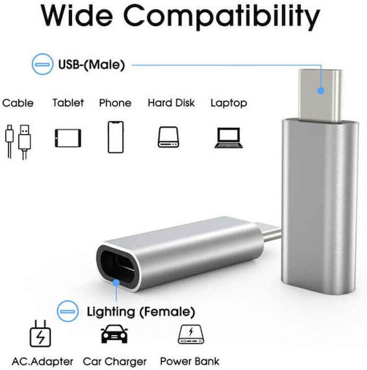 Adaptor de încărcare rapidă tip Lightning Type-c redare muzică transfer de date 5a argintiu