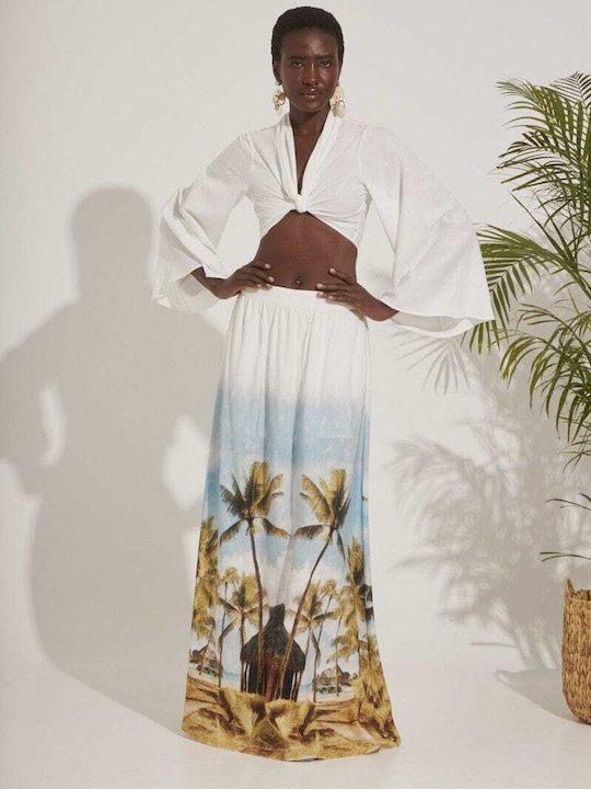 Christelle Nima pentru Femei Crop Top din Bumbac cu Mâneci Lungi White
