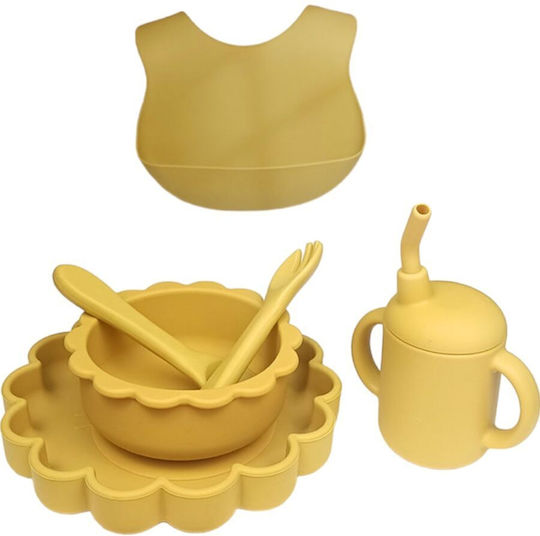 Queen Mother Tigaki Feeding Set Made of Silicone with Anti-Slip Base Yellow 6 Pieces for 6+ Months