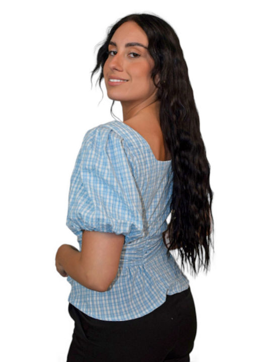 Morena Spain Women's Blouse Cotton Short Sleeve Checked Blue