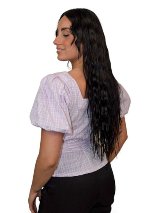 Morena Spain Women's Blouse Cotton Short Sleeve Checked Lila