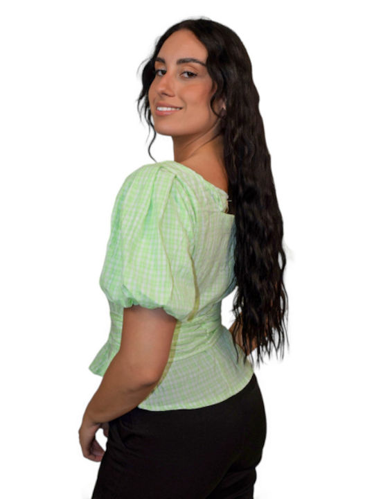 Morena Spain Women's Blouse Cotton Short Sleeve Checked Green