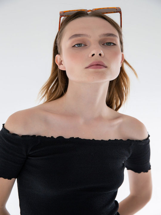 pentru Femei Crop Top Bluză cu umerii goi din Bumbac Black