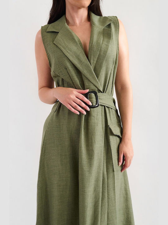 Jane Khaki Linen Midi Crossover Dress