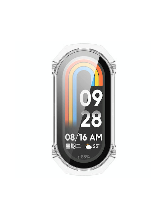 Carcasă de protecție integrată pentru ceas Xiaomi Mi Band 8, 8 bucăți + sticlă temperată, alb transparent