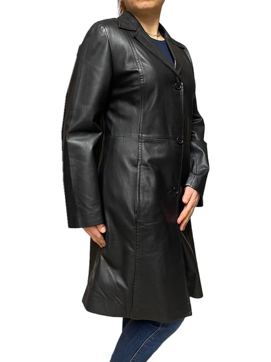 Leder Damen black Mantel mit Knöpfen