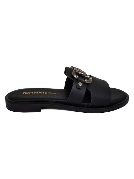 Ioannis Leather Women's Flat Sandals Anatomic in Black Color