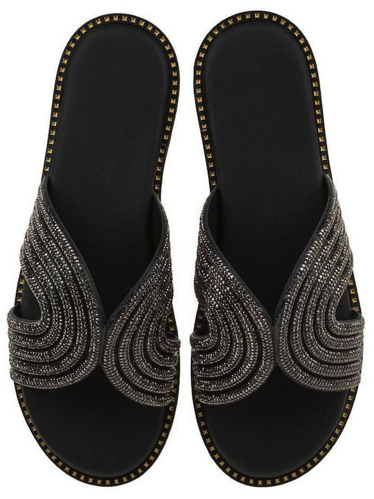 Leather Women's Flat Sandals in Black Color