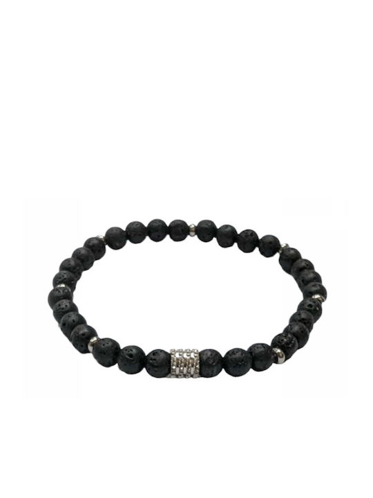 Handmade Men's Bracelet Black Lava Stones Stainless Silver Beads Tatu Moyo