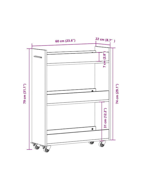 vidaXL Wooden Kitchen Trolley 3 Tiers White 60x22x79cm